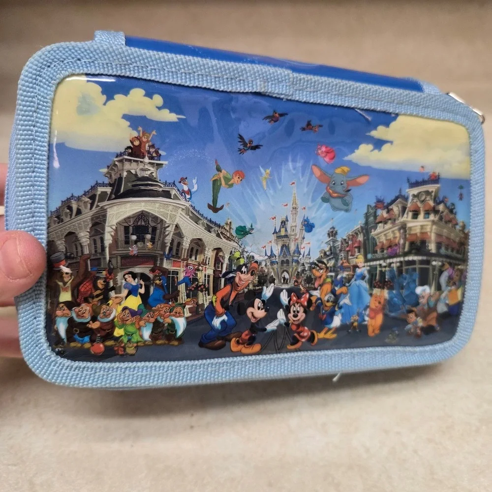 Disney World Magic Kingdom Pencil Case Vintage Blue Multi Zip Character Art Bag